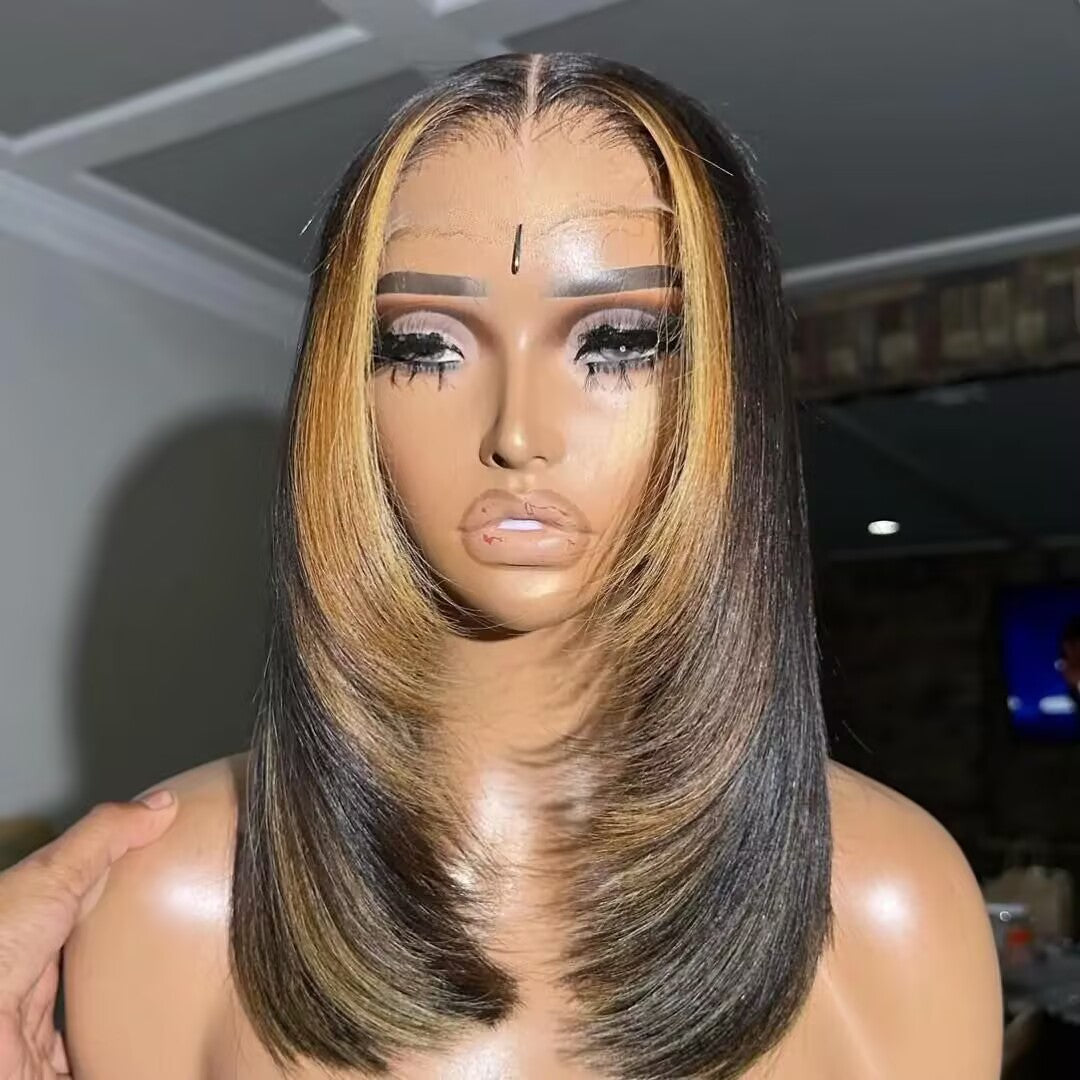 Glueless Layered Cut Straight Bob Lace Front Human Hair Wigs Ombre Highlight Colored Lace Frontal Wig