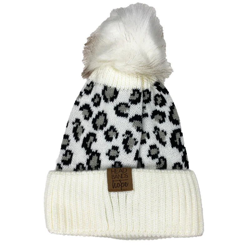 Snow Leopard Print Slouchy Beanie with Faux Fur Snap Pom Pom | Headbands of Hope