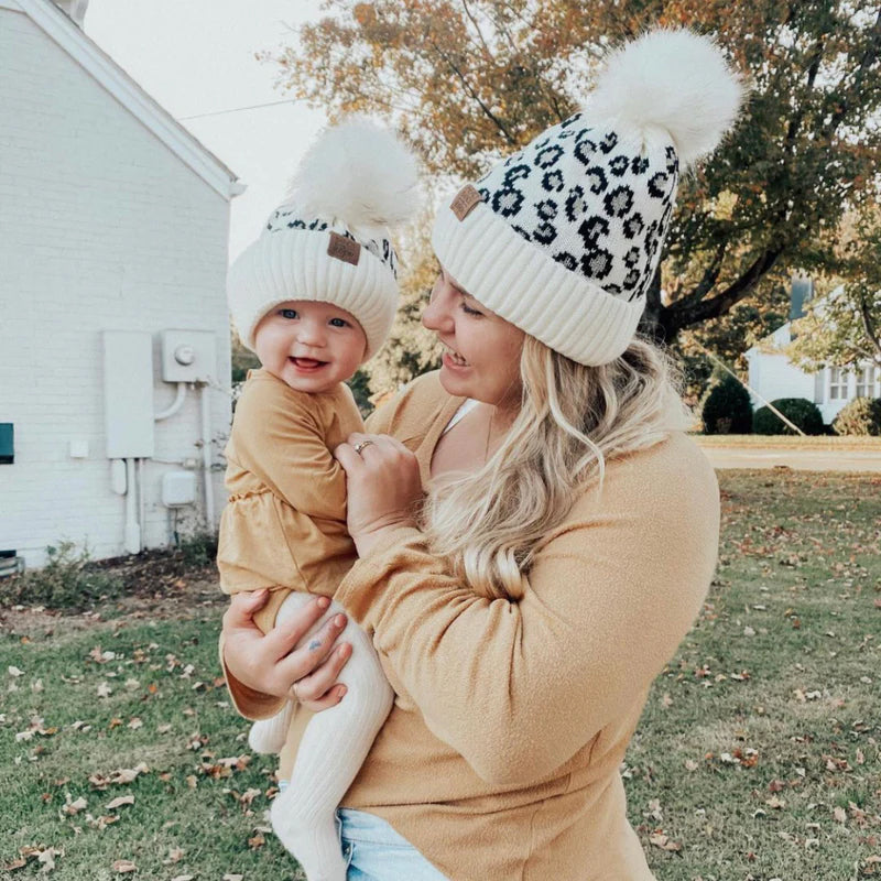 Snow Leopard Print Slouchy Beanie with Faux Fur Snap Pom Pom | Headbands of Hope