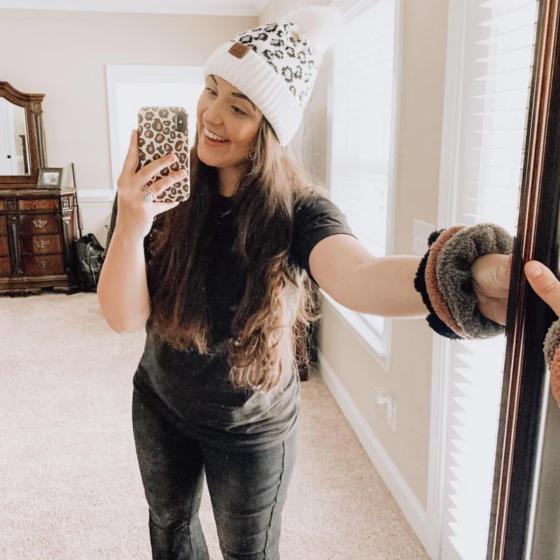 Snow Leopard Print Slouchy Beanie with Faux Fur Snap Pom Pom | Headbands of Hope