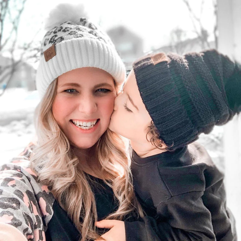 Snow Leopard Print Slouchy Beanie with Faux Fur Snap Pom Pom | Headbands of Hope