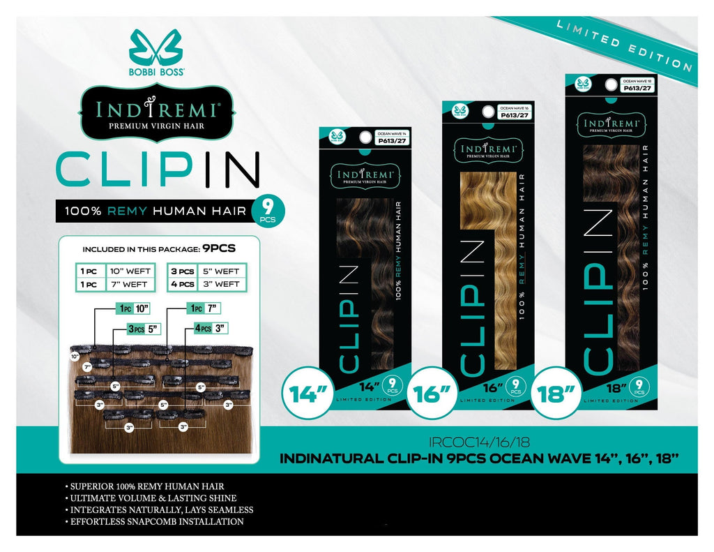 Bobbi Boss Indiremi Clip-In 9 PCS 100% Remy Human Hair Weaving - OCEAN WAVE 14"/16"