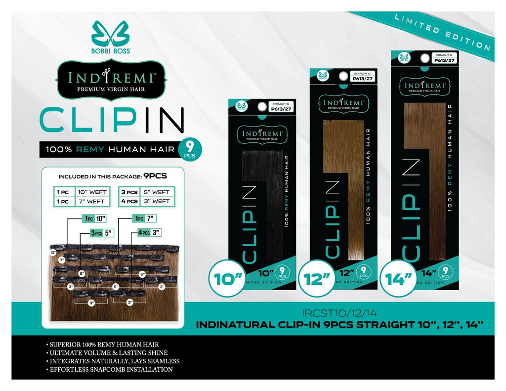 Bobbi Boss Indiremi Clip-In 9 PCS 100% Remy Human Hair Weaving - STRAIGHT 10"/12"/14"
