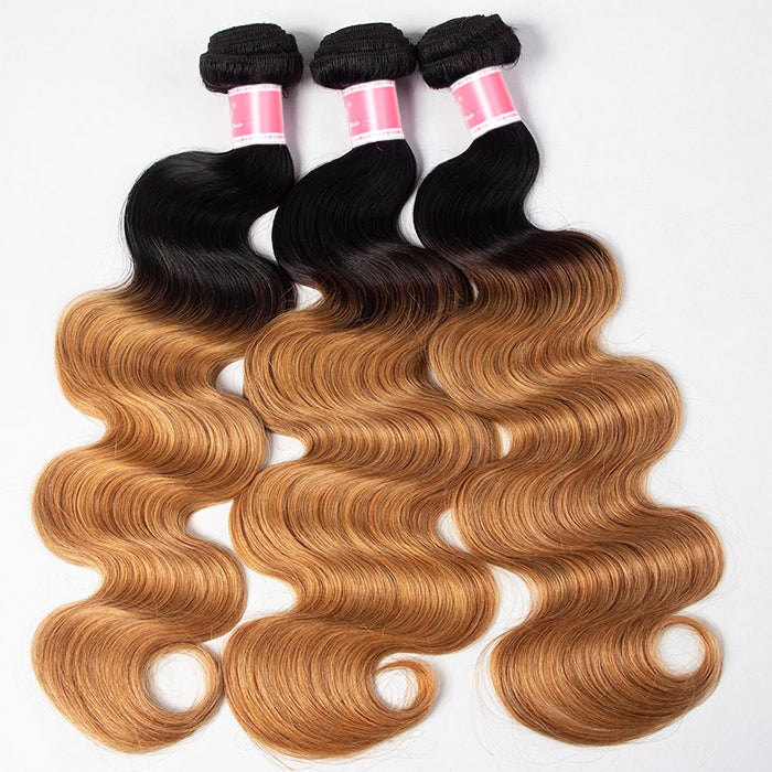 Ombre T1b/27 Body Wave 3 Bundles with Closure Free Part Virgin Human Hair Free Part