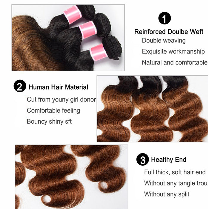 Ombre T1b/30 Body Wave 3 Bundles with Closure Free Part Virgin Human Hair Free Part