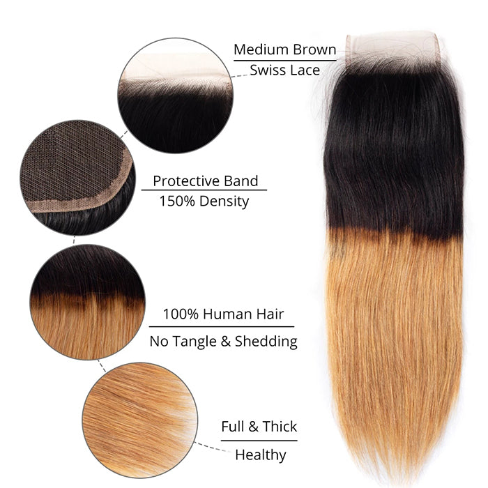 Ombre T1b/27 Straight Hair 3 Bundles with Closure Free Part Virgin Human Hair Free Part