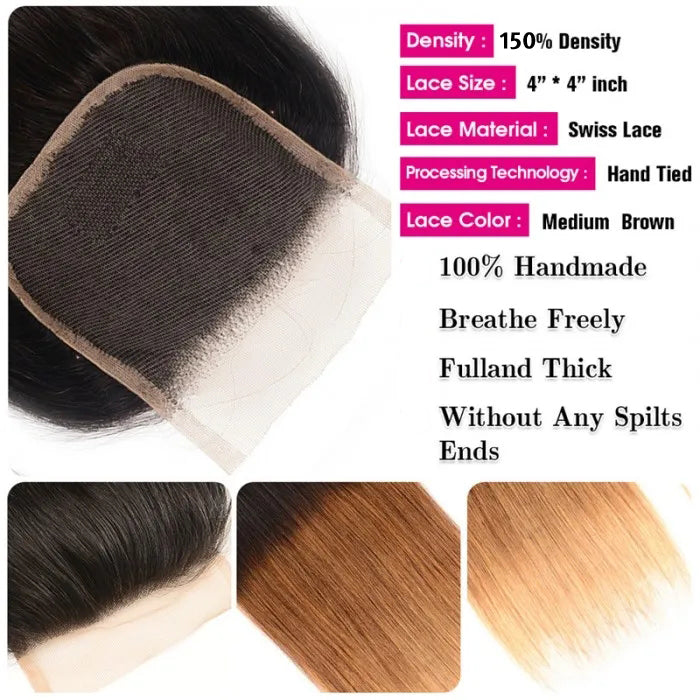 Ombre T1b/4/27 Straight Hair 3 Bundles with Closure 100% Unprocessed Virgin Human Hair Free Part