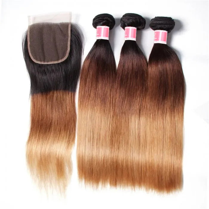 Ombre T1b/4/27 Straight Hair 3 Bundles with Closure 100% Unprocessed Virgin Human Hair Free Part