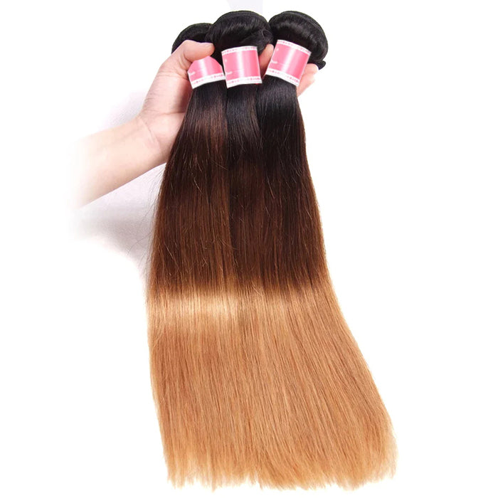 Ombre T1b/4/27 Straight Hair 3 Bundles with Closure 100% Unprocessed Virgin Human Hair Free Part