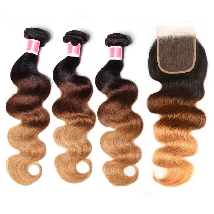 Ombre T1b/4/27 Body Wave 3 Bundles with Closure 100% Unprocessed Virgin Human Hair Free Part