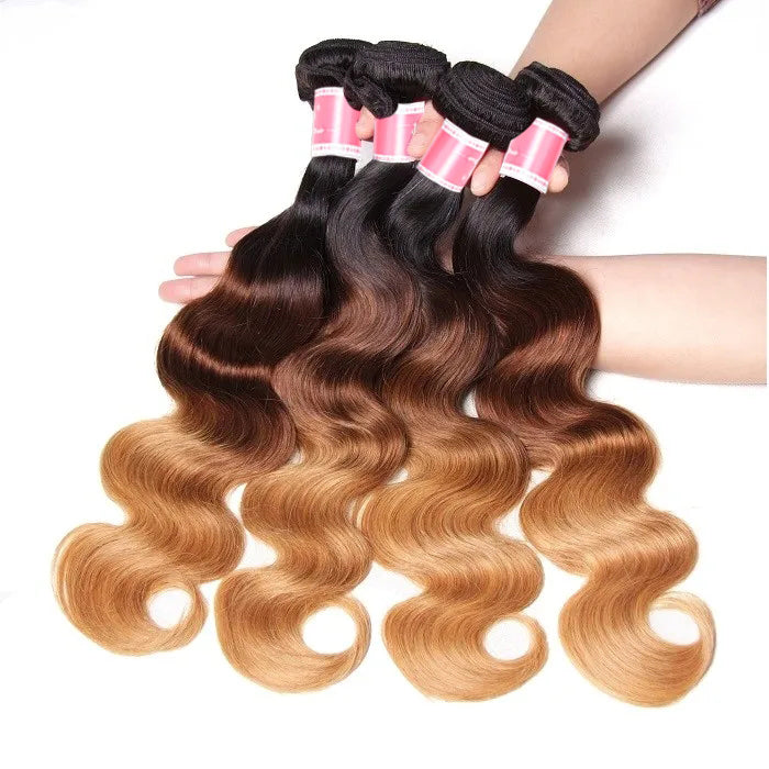 Ombre T1b/4/27 Body Wave 3 Bundles with Closure 100% Unprocessed Virgin Human Hair Free Part