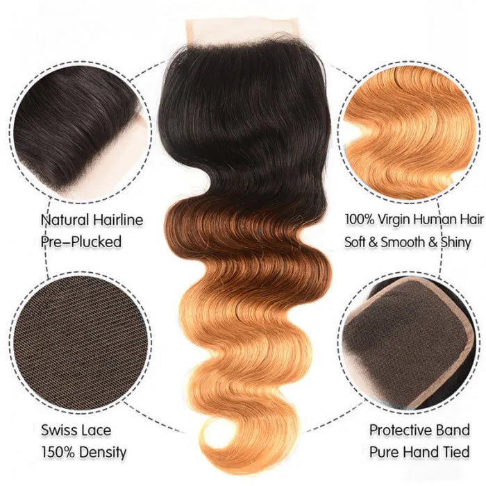 Ombre T1b/4/27 Body Wave 3 Bundles with Closure 100% Unprocessed Virgin Human Hair Free Part