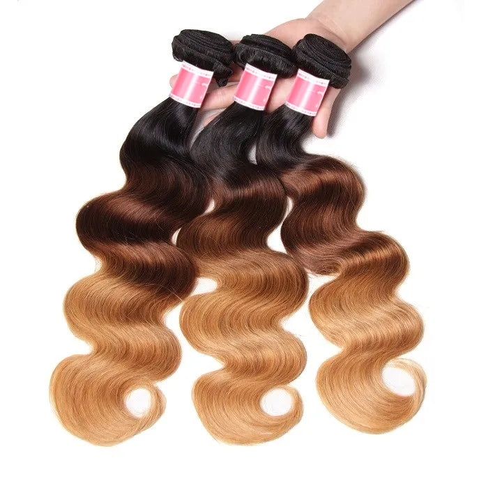 Ombre T1b/4/27 Body Wave 3 Bundles with Closure 100% Unprocessed Virgin Human Hair Free Part