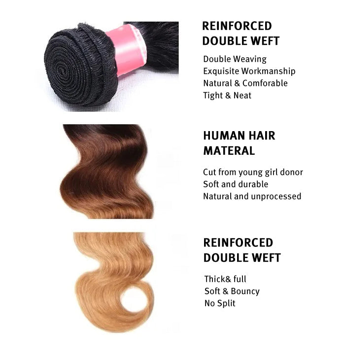 Ombre T1b/4/27 Body Wave 3 Bundles with Closure 100% Unprocessed Virgin Human Hair Free Part