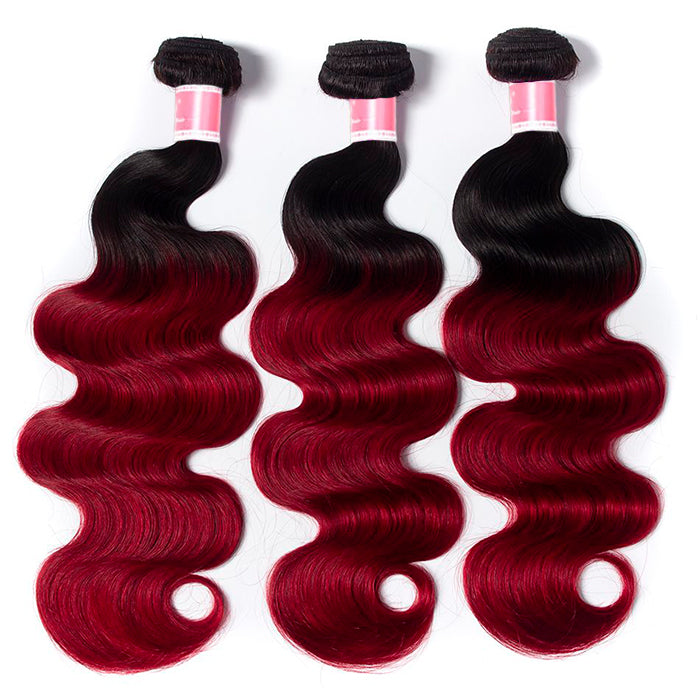 Ombre T1b/99J Body Wave 3 Bundles with Closure Free Part Virgin Human Hair Free Part