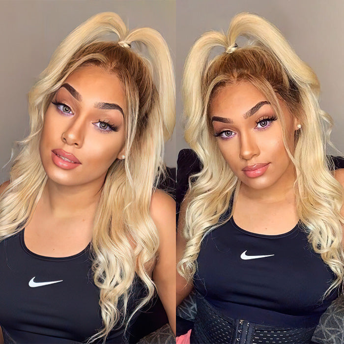 613 Blonde Wig with Brown Roots Ombre 4/613 Color 13x4 HD Lace Front Human Hair Wigs 180% Density