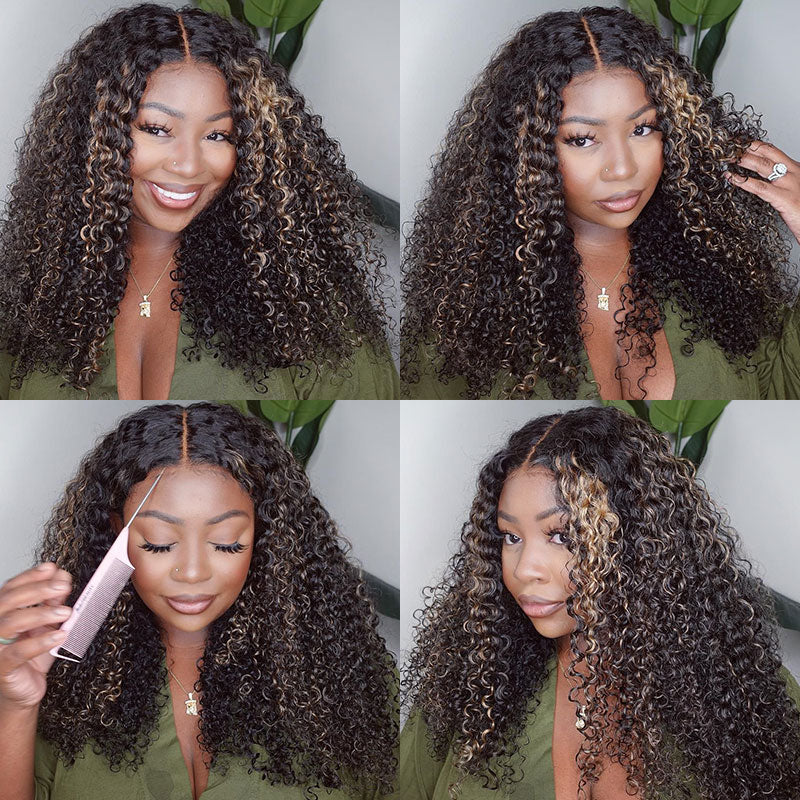 Blonde Highlight Curly Glueless HD Lace Wig Human Hair Pre-Cut Lace Pre-Plucked Pre-Bleached