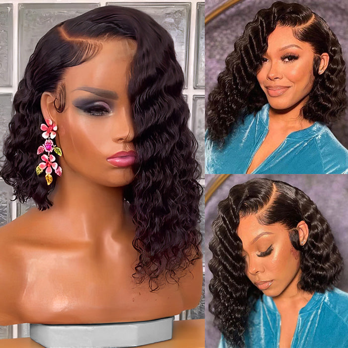 Glueless Asymmetric Side Part Bob Closure Wig Deep Wave 100% Human Hair 220% Density