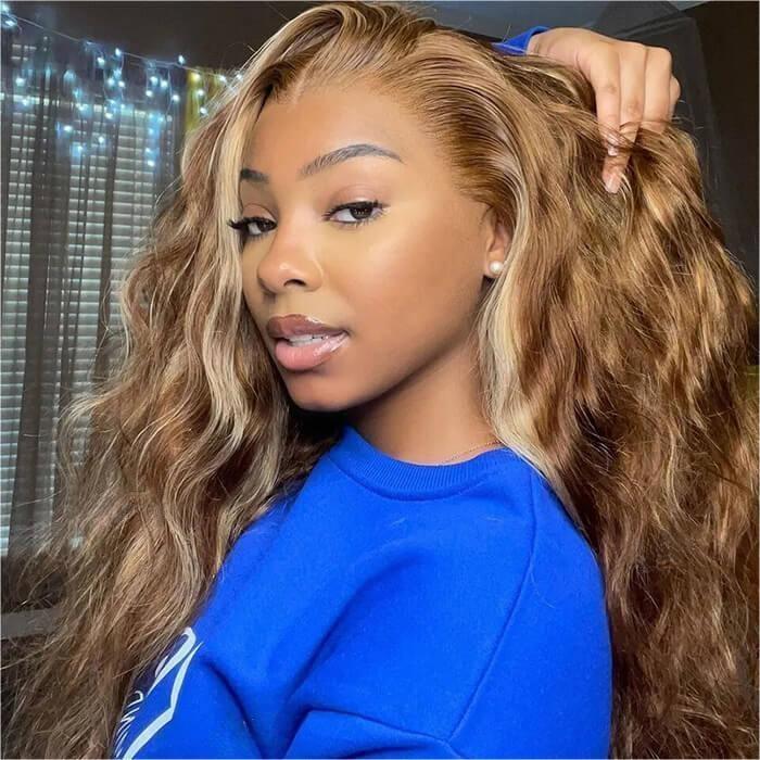 C-Shape Ear Design Body Wave 4/27 Highlight Color Glueless 8x5 HD Lace Wigs With Pre-Plucked Hairline