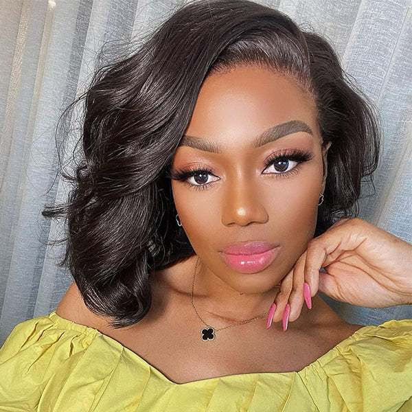 Asymmetrical Side Part Bob Wigs Body Wave Glueless HD Lace Front Wigs 220% Density