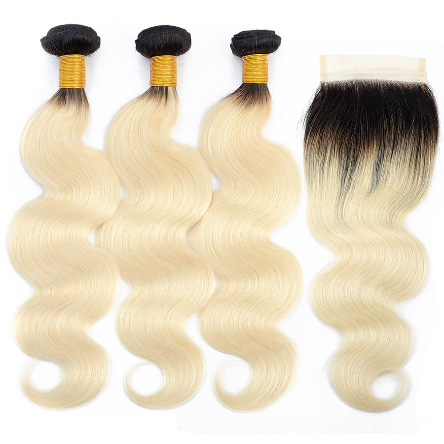 Ombre T1B/613 Brazilian Body Wave Human Hair 3 Bundles With Closure Remy Hair Weave