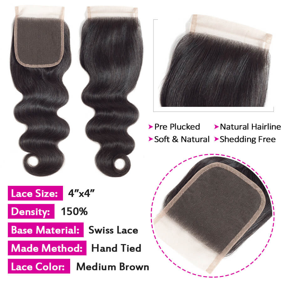 Malaysian Body Wave 4 Bundles With 4x4 Lace Closure Human Hair Closure With Bundle Deals