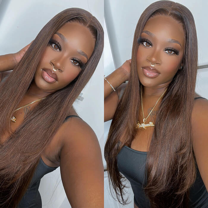 Chocolate Brown Color Put on go® Glueless Wig Pre Cut 8x5 HD Lace Human Hair Wigs For Women