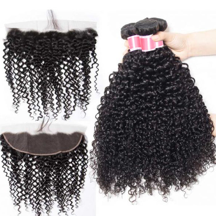 Malaysian Curly Hair Virgin Hair Weave 3 Bundles With 13x4 Lace Frontal Ear To Ear