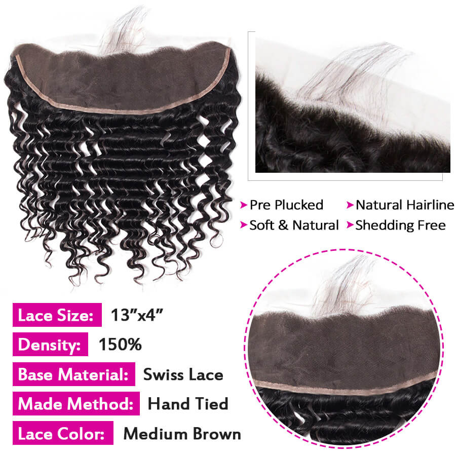 Malaysian Deep Wave Virgin Hair Weave 3 Bundles With 13x4 Lace Frontal Ear To Ear