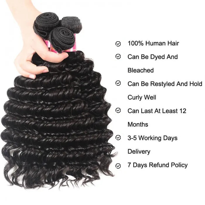Malaysian Deep Wave Virgin Hair Weave 3 Bundles With 13x4 Lace Frontal Ear To Ear