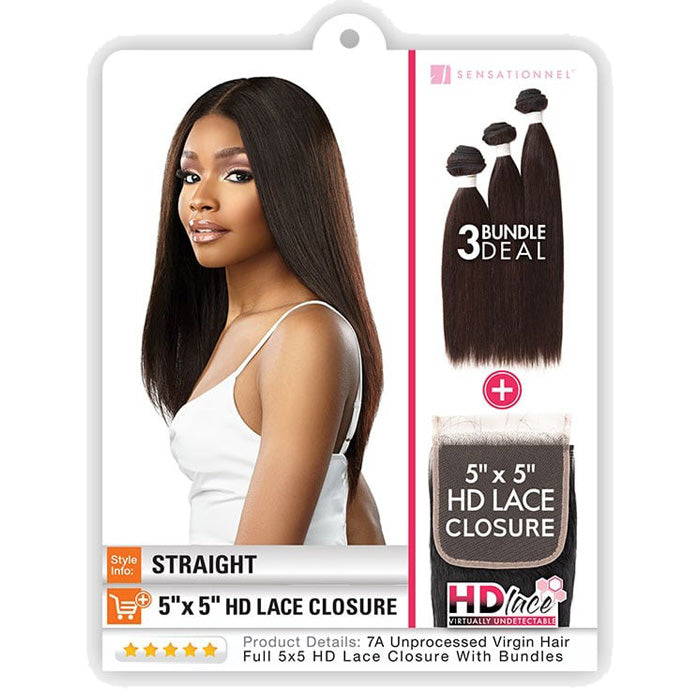 Sensationnel Bare & Natural 7A 100% Virgin Human Hair 5X5 HD Lace Closure 3 Bundle Deal Weave - STRAIGHT 10-22"