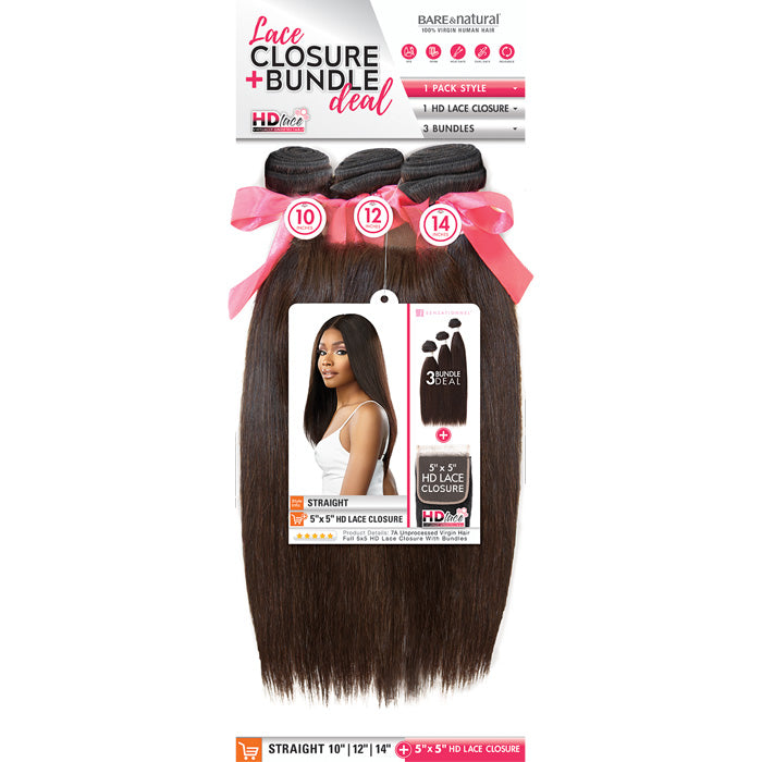 Sensationnel Bare & Natural 7A 100% Virgin Human Hair 5X5 HD Lace Closure 3 Bundle Deal Weave - STRAIGHT 10-22"
