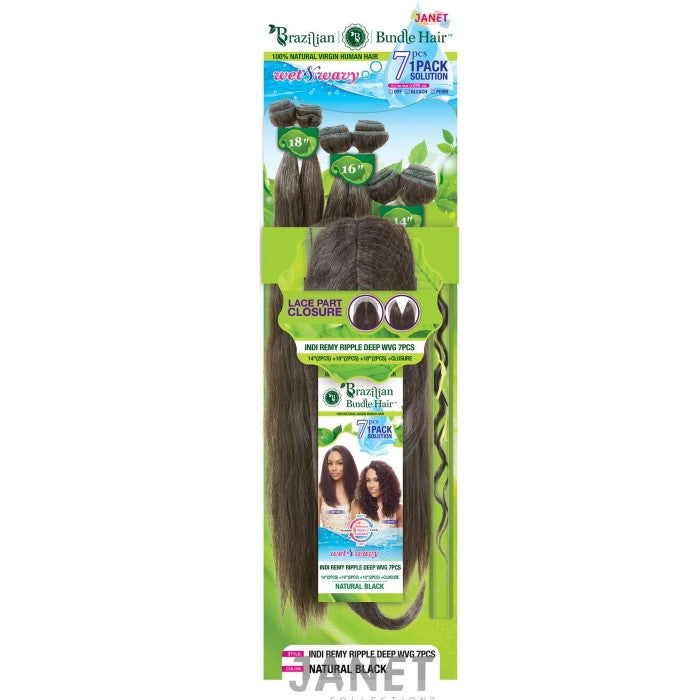 Janet Collection Brazilian Bundle 100% Natural Virgin Human Hair Wet & Wavy - INDI REMY RIPPLE DEEP WVG 7Pcs