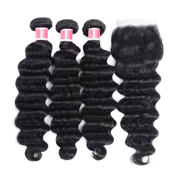 Malaysian Loose Deep Wave 3 Bundles with 4*4 Closure Soft Unprocessed Virgin Human Hair