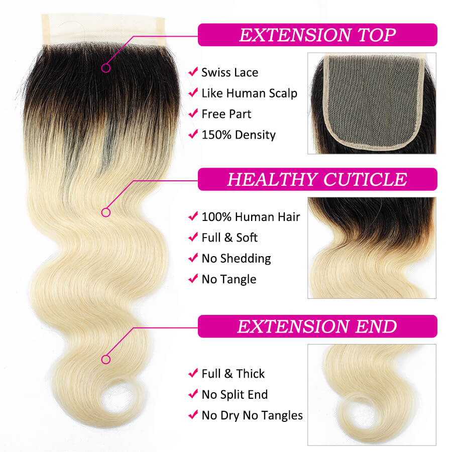 Ombre T1B/613 Brazilian Body Wave Human Hair 3 Bundles With Closure Remy Hair Weave