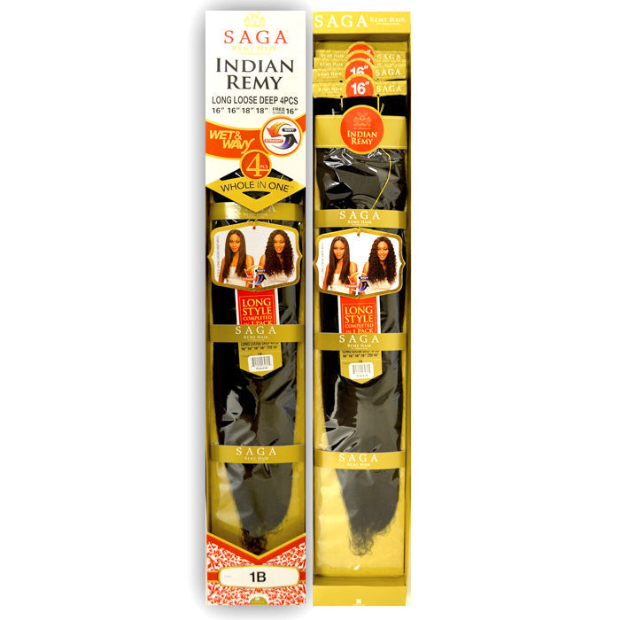 Saga Indian Remy 100% Human Hair LONG LOOSE DEEP 4 Pcs Wet & Wavy
