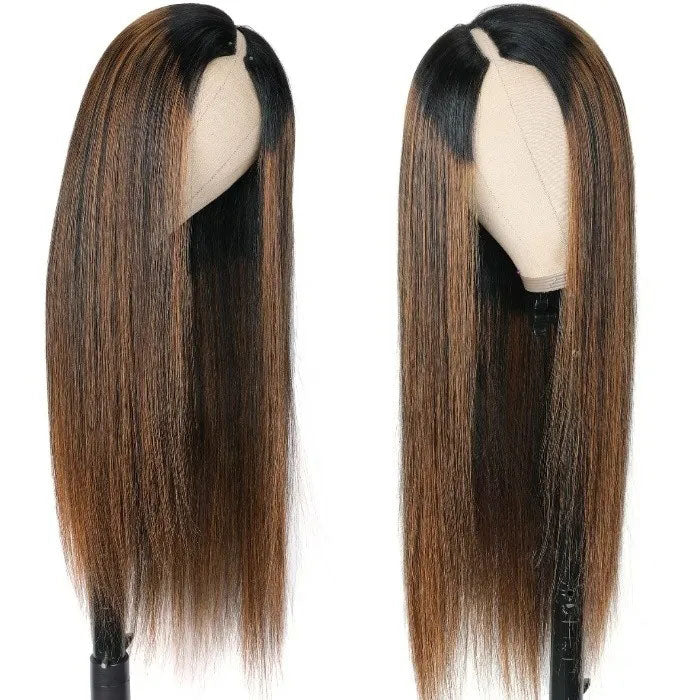 Hot Highlight Balayage Straight V/U Part Wig No Leave Out Glueless Human Hair Wigs Beginner Friendly