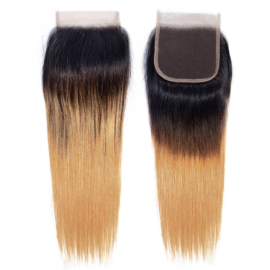 Ombre T1b/4/27 Brazilian Straight Hair 3 Bundles with Closure 100% Unprocessed Virgin Human Hair