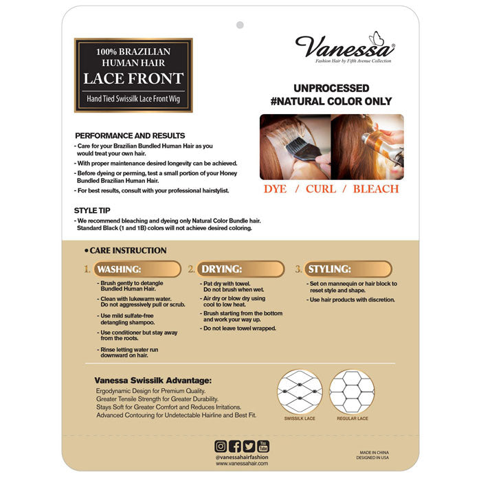 Vanessa 100% Unprocessed Human Hair Swissilk Lace Front Wig - THH STR 20-22