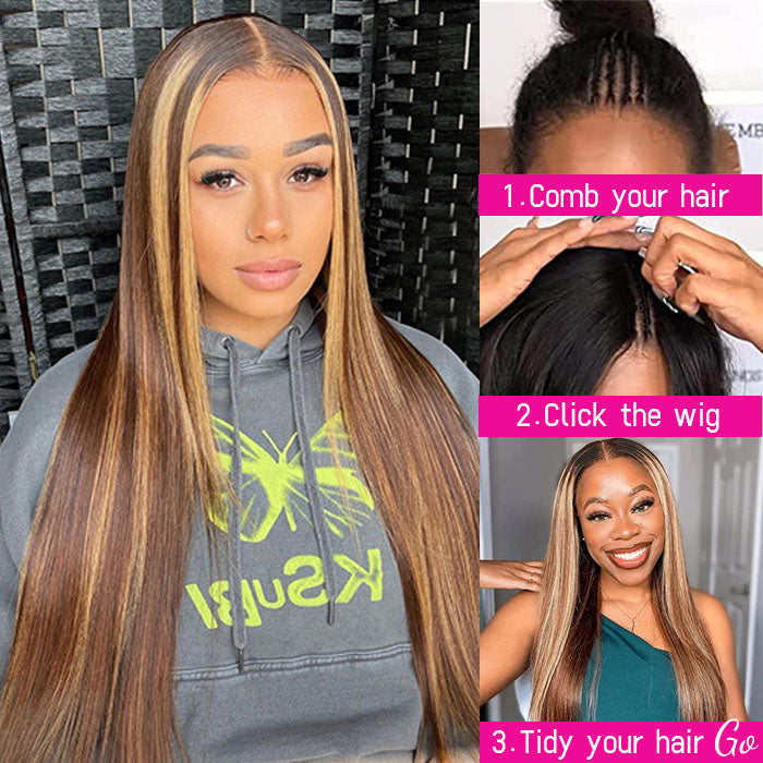 4/27 Blonde Highlight V/U Part Wigs Human Hair Straight V Part Wig Human Hair Minimal Leave Out No Lace