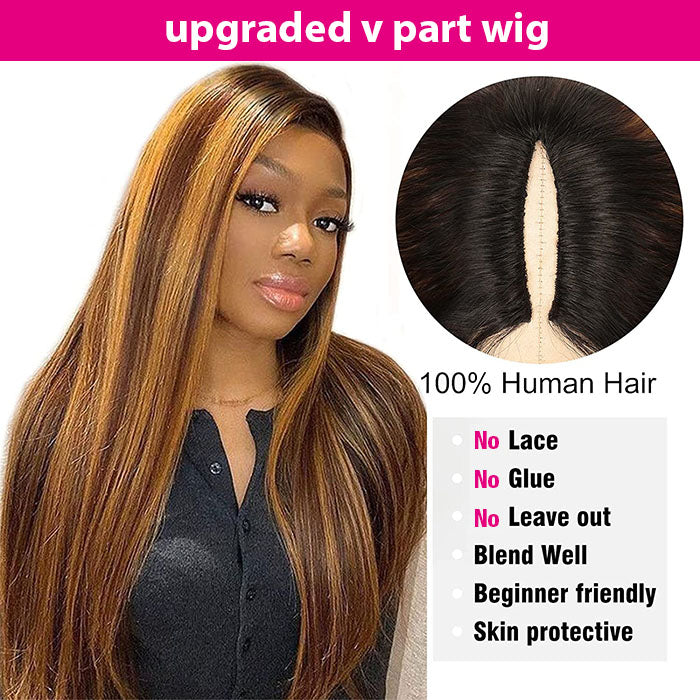 4/27 Blonde Highlight V/U Part Wigs Human Hair Straight V Part Wig Human Hair Minimal Leave Out No Lace