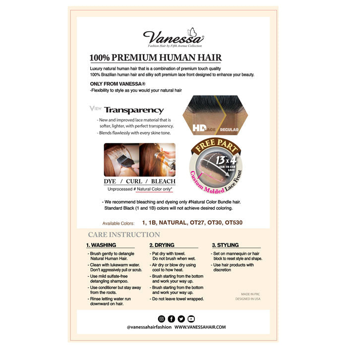 Vanessa Premium Brazilian Glueless Human Hair 13x4 HD Lace Front Wig - H134 TEMMA - 100% Hand-Tied