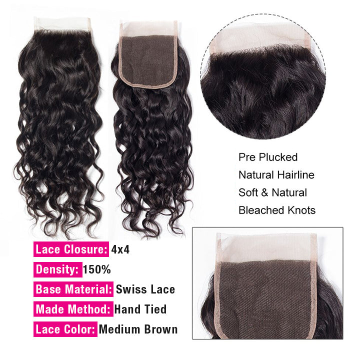 Brazilian Water Wave 4 Bundles with 4*4 Lace Closure Virgin Human Hair