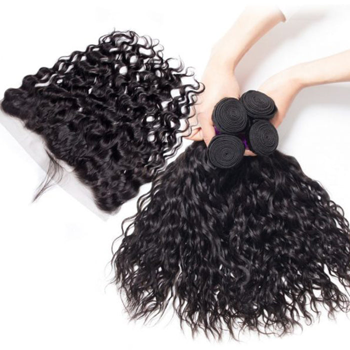 Malaysian Water Wave 4 Bundles With 13X4 Ear To Ear Lace Frontal Natural Color