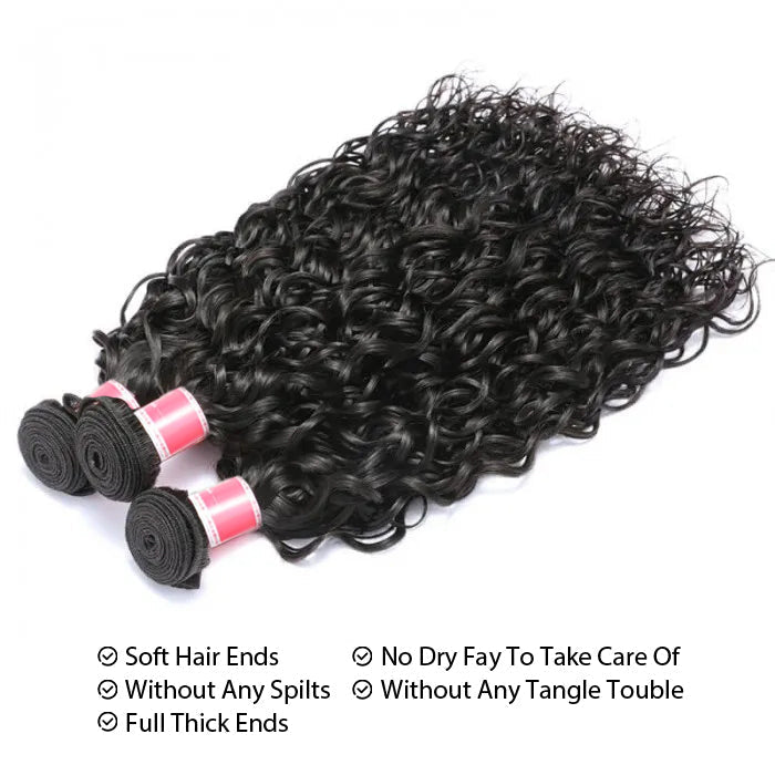 Malaysian Water Wave Virgin Hair Weave 3 Bundles With 13x4 Lace Frontal Ear To Ear